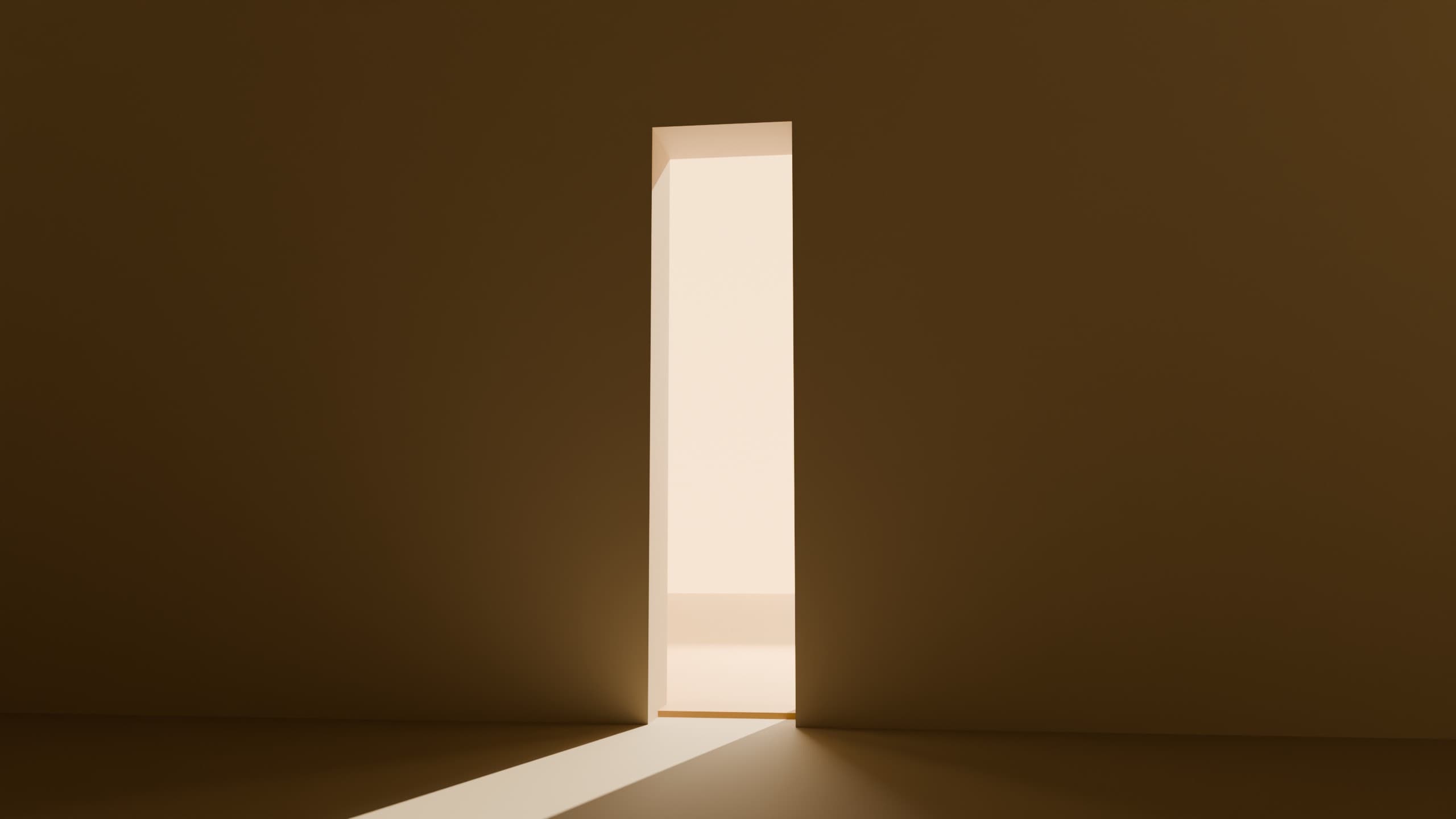 A tall doorway of daylight opening in a dark room