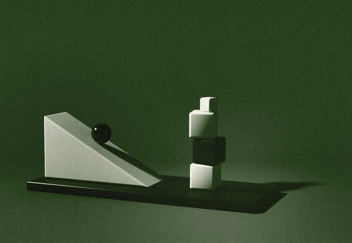 A ramp, ball and block stack on a plinth