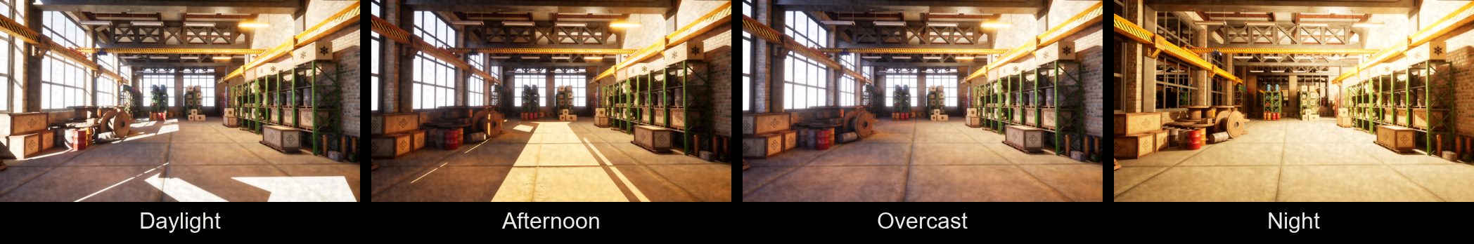 Illustrative warehouse appearance variants: daylight, afternoon, overcast, and night. Unreal renders with synthetic artifact treatment, not Akari outputs.
